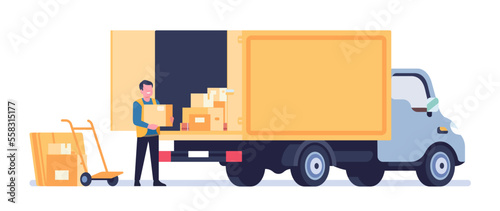 Forklift unloads cargo from truck. Worker loading cardboard boxes into lorry wagon. Loader lifting parcels. Freight transportation. Containers logistics distribution. Vector concept