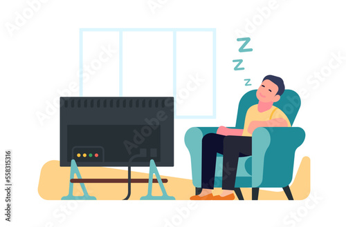 Guy sits in chair in front of TV. Man sleeps in armchair. People relax and dream on sofa. Sleepy person watches television at home. House relaxation. Sneezing character. Vector concept