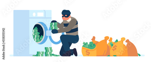 Money laundering. Financial crime. Illegal business. Robber washing stolen cash in washer machine. Bags with banknotes. Criminal wealth. Finance fraud and corruption. Vector concept