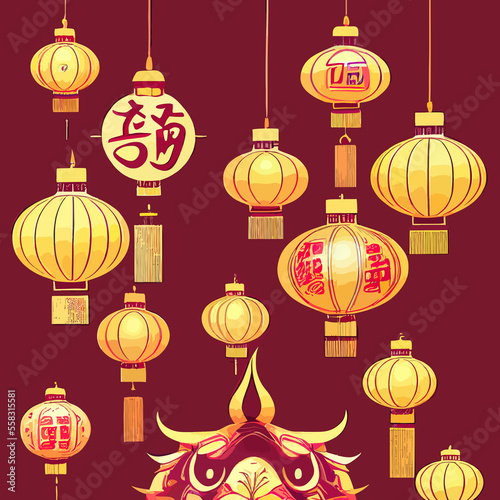 Background with red lanterns and Chinese design