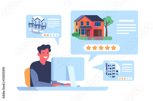 Online buying home. Buyer searching and choosing houses. Man at computer. Downtown apartment or townhouse. Real estate. Realtor internet service. Mansion purchase or rent. Vector concept