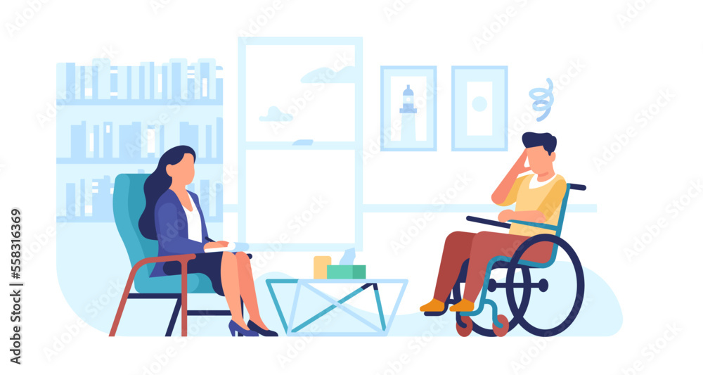 Psychologist counseling disabled person in wheelchair. Psychological consultation. Handicapped man talking with psychotherapist. Paralyzed patients support. Vector psychotherapy concept