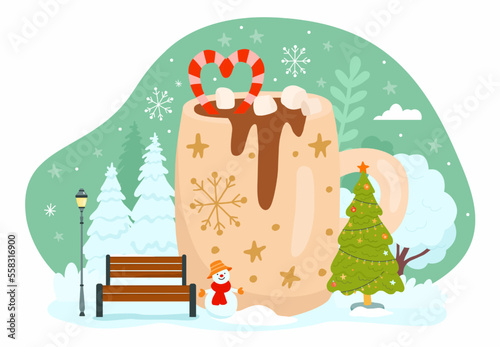 Fototapeta Naklejka Na Ścianę i Meble -  Christmas snow bench, coffee concept. Mood walk in cold winter, park with bushes. warm cozy huge cup with hot beverage. Mug of hot chocolate. Cartoon flat vector nowaday illustration