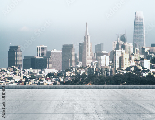Empty concrete dirty rooftop on the background of a beautiful San Francisco city skyline at morning, mockup © Pixels Hunter
