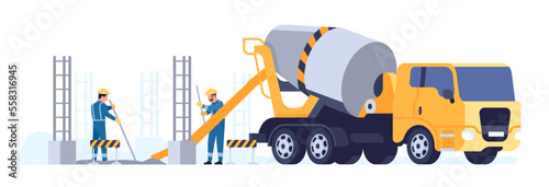 Workers pour cement from concrete truck. Mixer machine. Building material transportation. Architecture construction foundament. Industrial vehicle. Builders in uniform. Vector concept