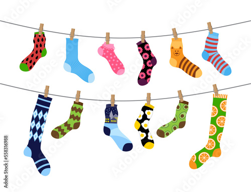Educational match game, sock lines. Rope activity, laundry symbol, children clothesline, kids worksheet. Cotton socks with avocado, animals and geometric print. Vector design current background