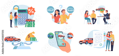 Young couple takes out car loan. People searching and choosing automobile. Bank mortgage. Mobile app for vehicle buying. Happy family with key and sale contract. Vector concepts set