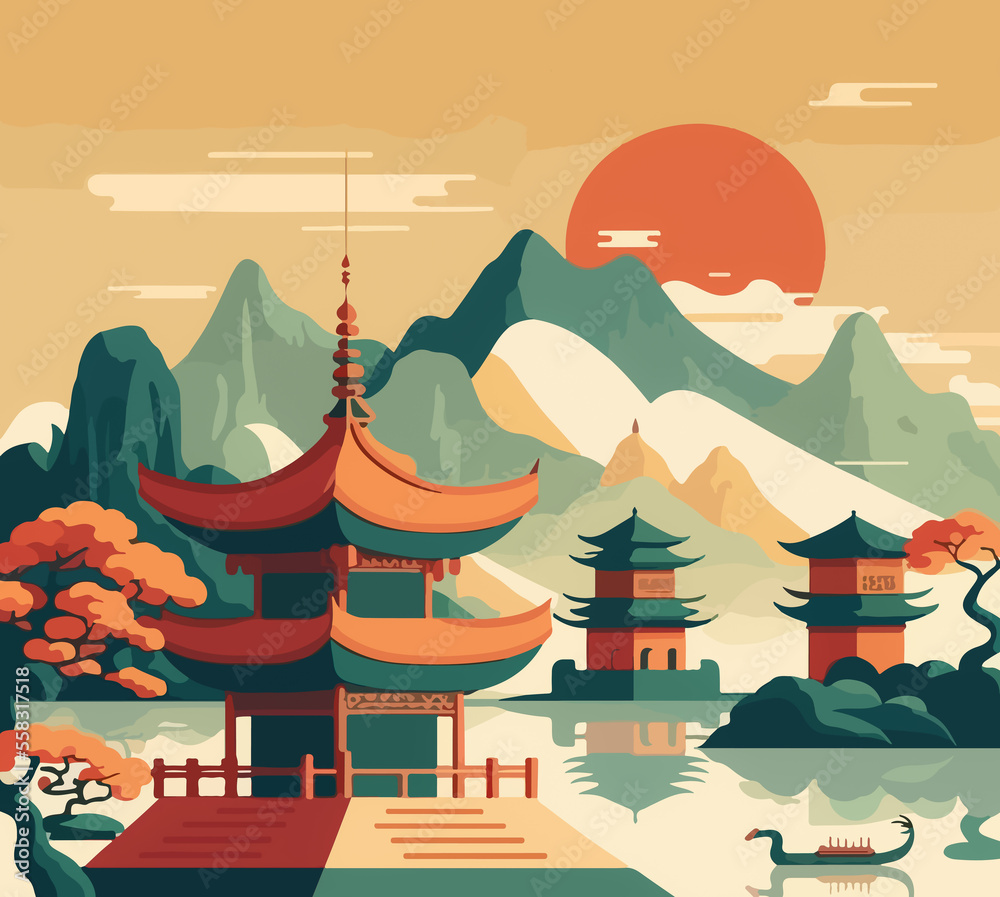 Fototapeta premium Flat colored design of Chinese pagoda background cartoon