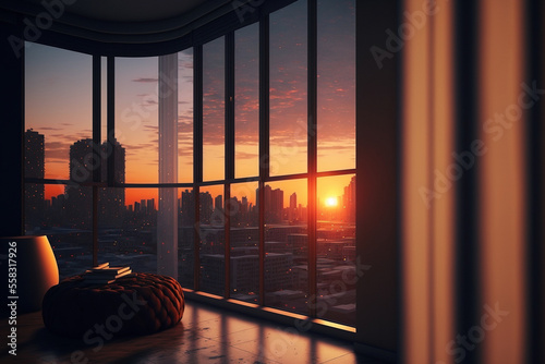 Watching sunset through the window of a modern condominium - Generative AI © lilyl