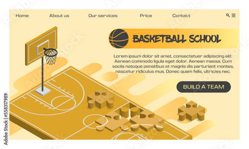 Isometric basketball court landing. Website template. Basket hoop and playground floor with puzzles. Sport school. Line ball game on arena or stadium. Vector illustration current concept