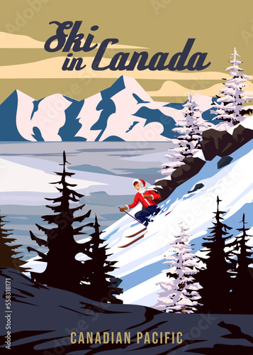Travel poster Ski in Canada resort vintage. Canada winter landscape travel card