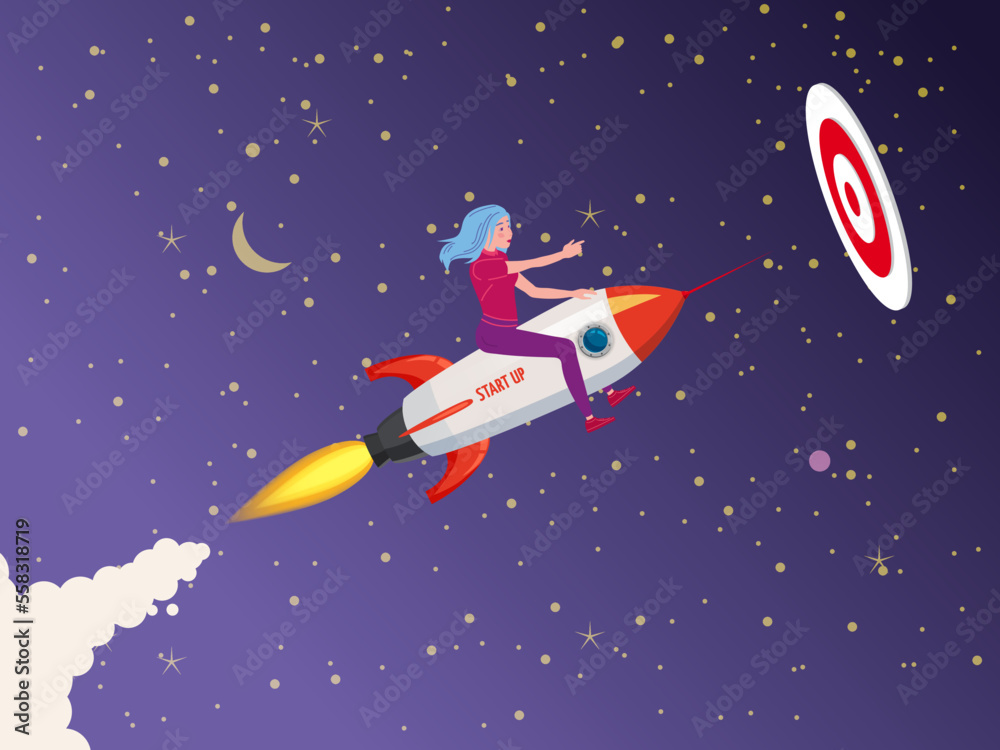 Businesswoman on a rocket fly through sky to target. Start up, goal achievement metaphors. Space stars background. Vector illustration Businesswoman on a rocket fly through sky to target. Start up, goal achievement metaphors. Space stars background. Vector illustration