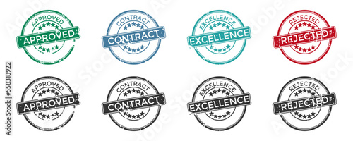 Approved, contract, excellence, rejected grunge stamps
