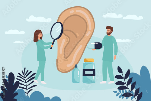 Doctors check health of ear, hearing organ. Medical examination, test and treatment of ear, otolaryngology. Ent checks loss hearing. Vector flat illustration