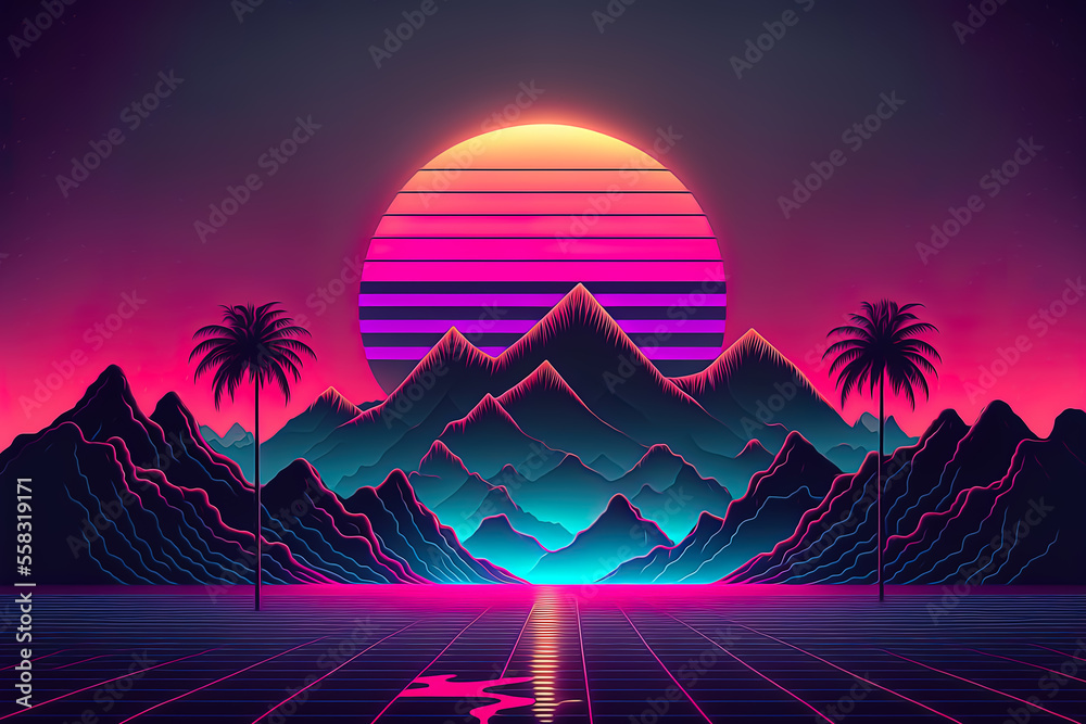 Cyberpunk landscape with retrowave and synthwave at sunset