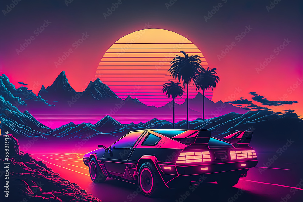Cyberpunk landscape with retrowave and synthwave at sunset