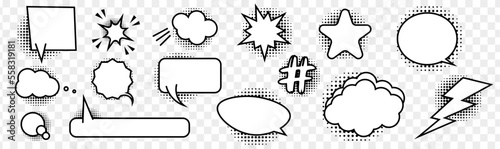 Comic cartoon speech bubble collection with halftone on a transparent background
