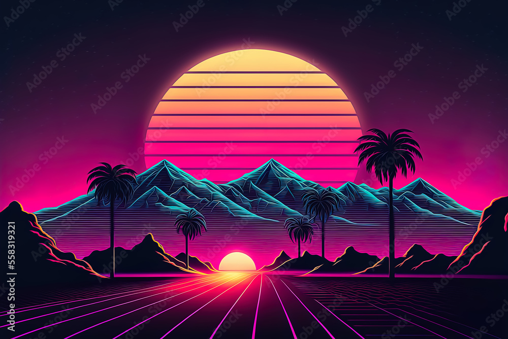 80s synthwave styled landscape with mountains and sunset