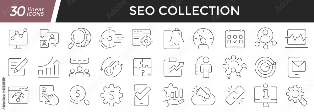 Seo linear icons set. Collection of 30 icons in black