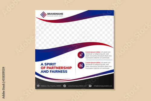 abstract social media post banners template design headline is a spirit of partnership. space of photo collage and text. Advertising banner with square layout. white background and blue red element.