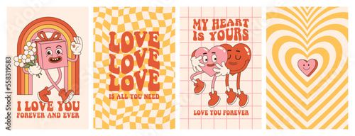 Groovy lovely hearts posters. Love concept. Happy Valentines day greeting card. Funky background in trendy retro 60s 70s cartoon style. Vector illustration in pink red colors.