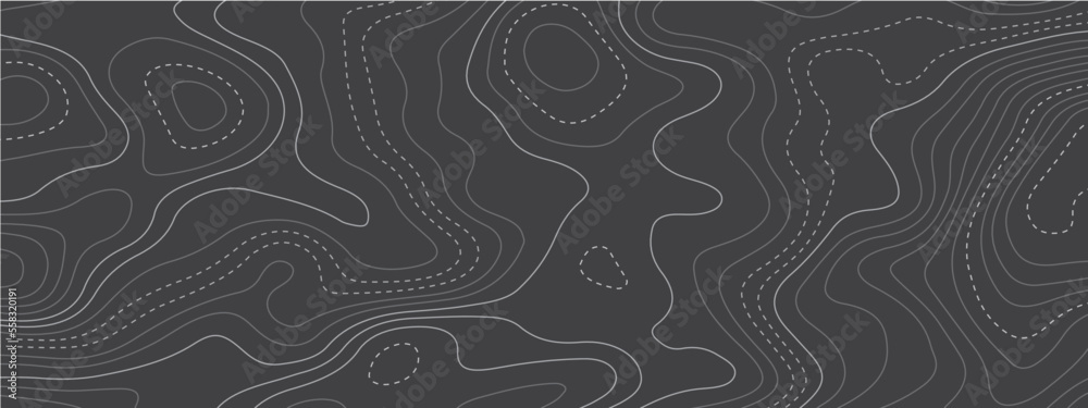 The stylized black and white abstract topographic map with lines and circles background.  Abstract topographic contours map background. Topographic map patterns, topography line map.