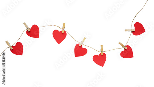 Heart shape paper clipped in rustic rope for romantic background and valentine decoration
