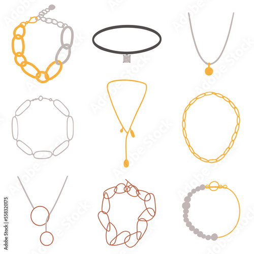 Collection with precious jewelry and bijouterie. Modern base gold and silver necklaces. Flat design vector illustration