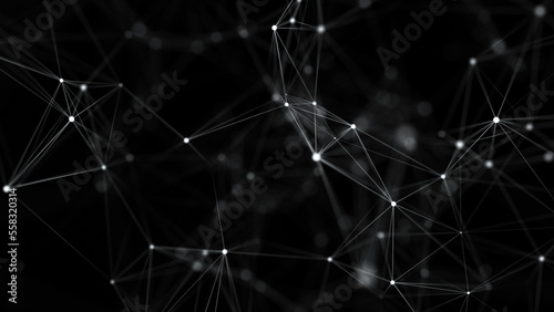 Futuristic geometric flow with connecting points and lines. Abstract black digital background. Global network concept. Big data complex with compounds. 3D rendering.