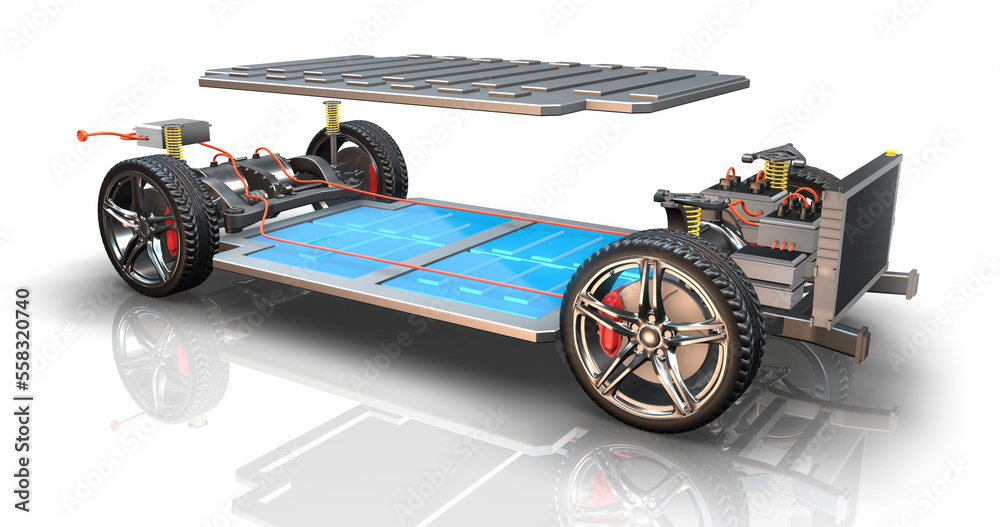 Generic sport electric vehicle chassis. All parts are visible. Battery cover is opening and