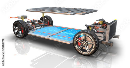 Generic sport electric vehicle chassis. All parts are visible. Battery cover is opening and lithium battery is visible. Technology related 3d concept animation.