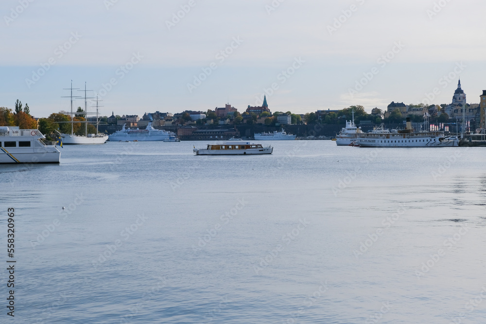 A boat sails in Lake Mälaren in Stockholm, Sweden
