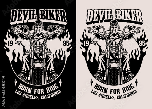 Black And White T-shirt Design of Devil Motorcycle Rider