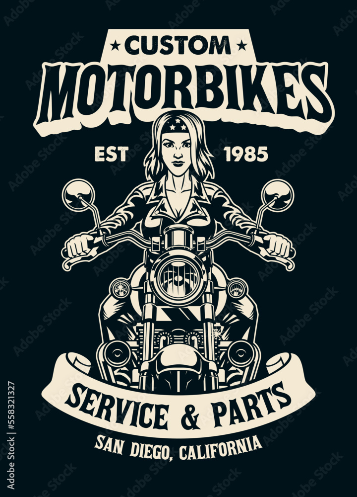 Obraz premium Black and white t-shirt design of Woman Motorcycle Rider in vintage style