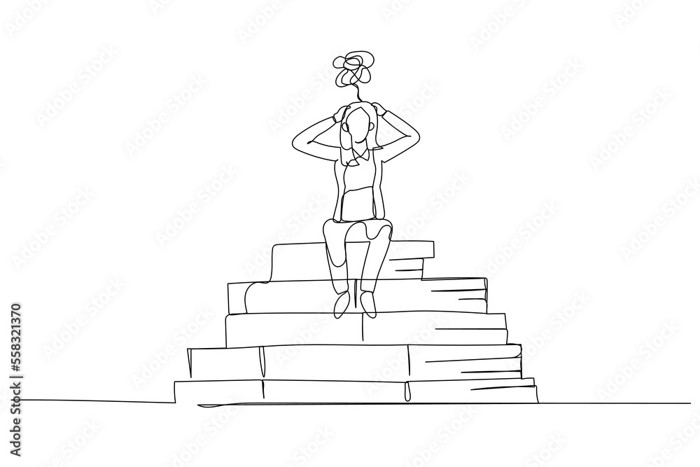 Cartoon of businesswoman stressed because of paperwork. Single line art style