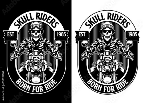 Black and white T-shirt design of Skull Motorcycle Riders