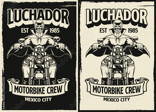 Black and white vintage t-shirt design of luchador Motorcycle riders photo