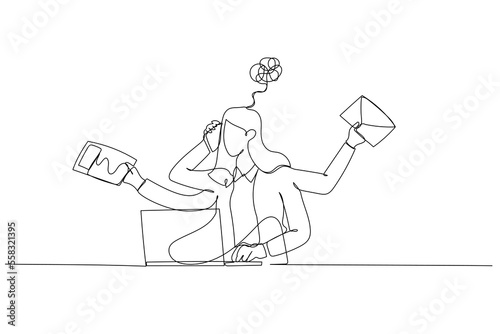 Illustration of businesswoman dizzy stressed because of daily work receive email sending paper. Single continuous line art style