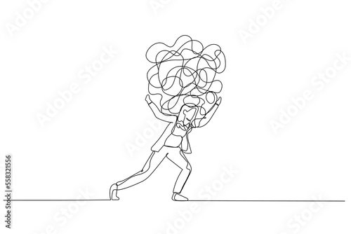 Cartoon of businesswoman carrying heavy messy line on his back metaphor of stress from work. One line art style