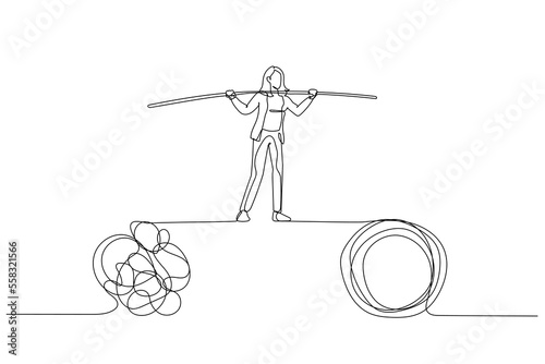 Drawing of businesswoman walk on tight rope balancing between problem. Single continuous line art style