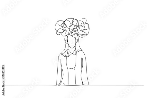 Drawing of businesswoman head looking like messy line metaphor of work pressure on worker. Continuous line art