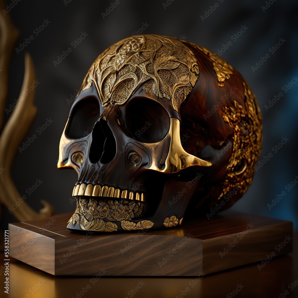 Ornamental detailed intricate skull on small pedestal. Gold and wood carving. Generative ai. Ornamental detailed intricate skull on small pedestal. Gold and wood carving. Generative ai.