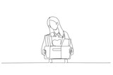 Illustration of stress businesswoman stand holding box full of belonging after being fired. Single continuous line art style