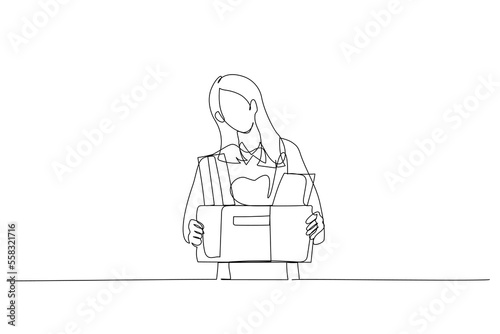 Illustration of stress businesswoman stand holding box full of belonging after being fired. Single continuous line art style