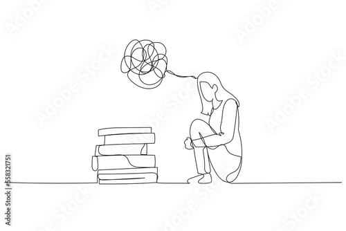 Illustration of businesswoman in a state of depression confused concept of mental health. Continuous line art