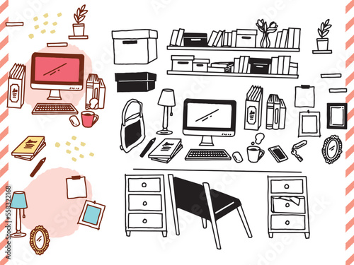 白黒、モノトーン、線画のイラスト(手書き、オシャレ、雑誌、ファッション、可愛い、インテリア、パソコン) Black and white, monotone, and line drawing illustrations.Handwritten, stylish, magazine, fashion, cute, interior, computer.