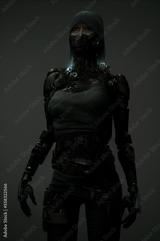 generative ai, soldier, cyborg, dark, future, black, 3d, illustration, gun, rifle, mask, war, armed, biomechanical, helmet, human, technology, head, futuristic, android, body