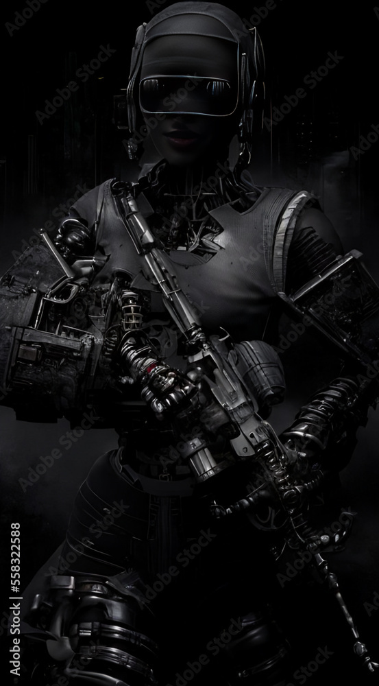 Naklejka premium Generative AI : Futuristic Cyborg Soldiers with biomechanical body enhancements