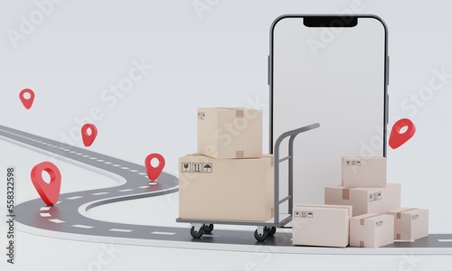 Smartphone with blank display with Cart Parcel boxes and GPS Pin with Roadmap.Concept for fast delivery service.delivery and shopping online concept.3D rendering illustration