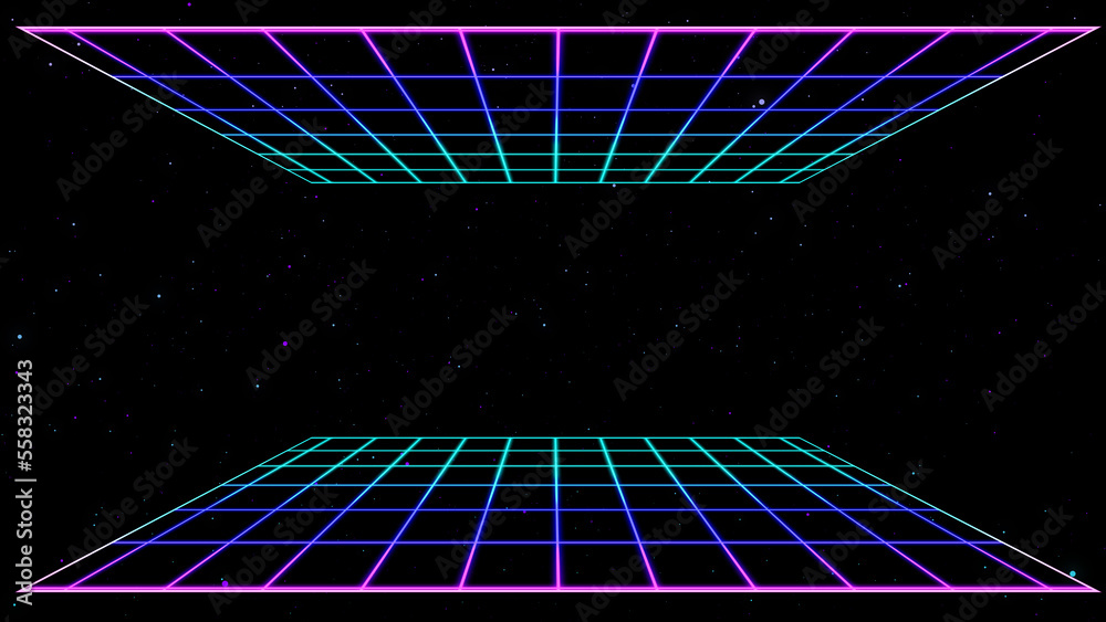Retro style 80s video game background. Futuristic Grid landscape of the 80s. Digital Cyber Surface. Suitable for design in the style of the 1980s. 3D illustration